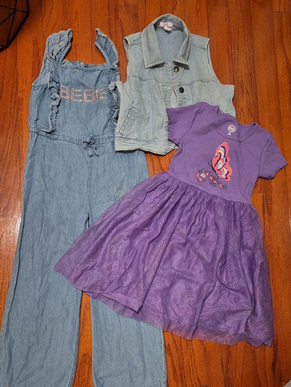 BEBE Light Denim Jumpsuit, Denim Vest & Purple Butterfly Dress
